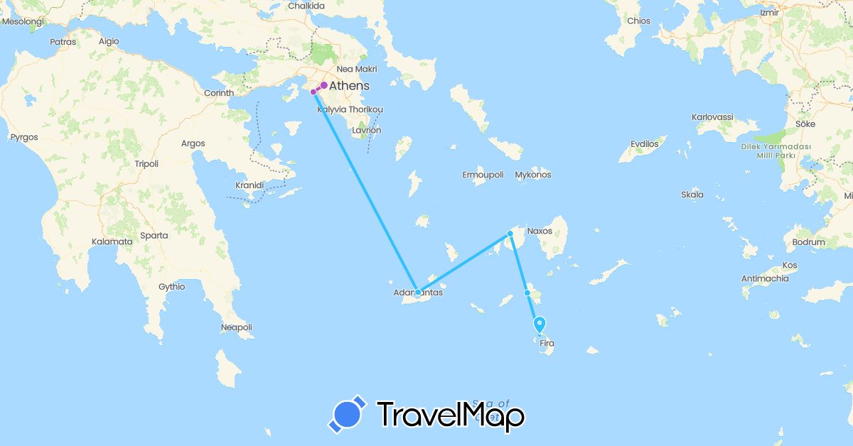 TravelMap itinerary: driving, train, boat in Greece (Europe)